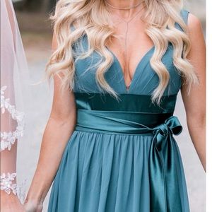 “Peacock” colored bridesmaid dress